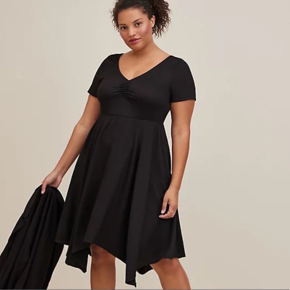 NWT BLACK SUPER SOFT SLUB RIB KNIT HANKY HEM MIDI DRESS CASUAL OFFICE LBD